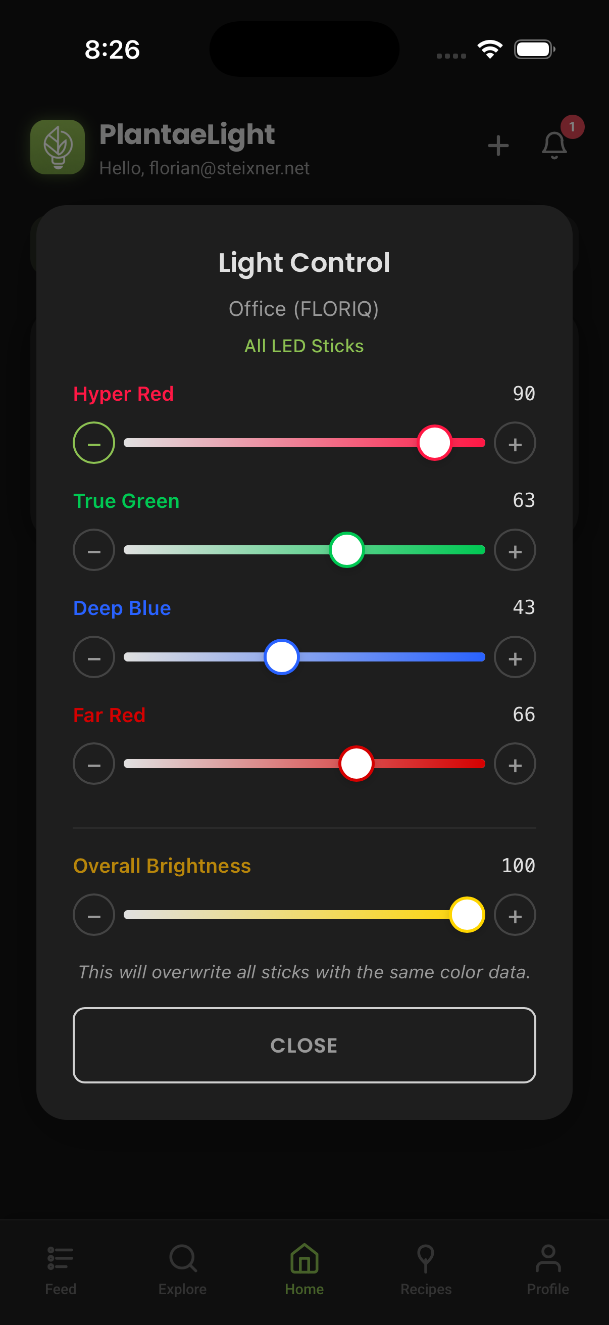 PlantaeLight app — live spectrum control