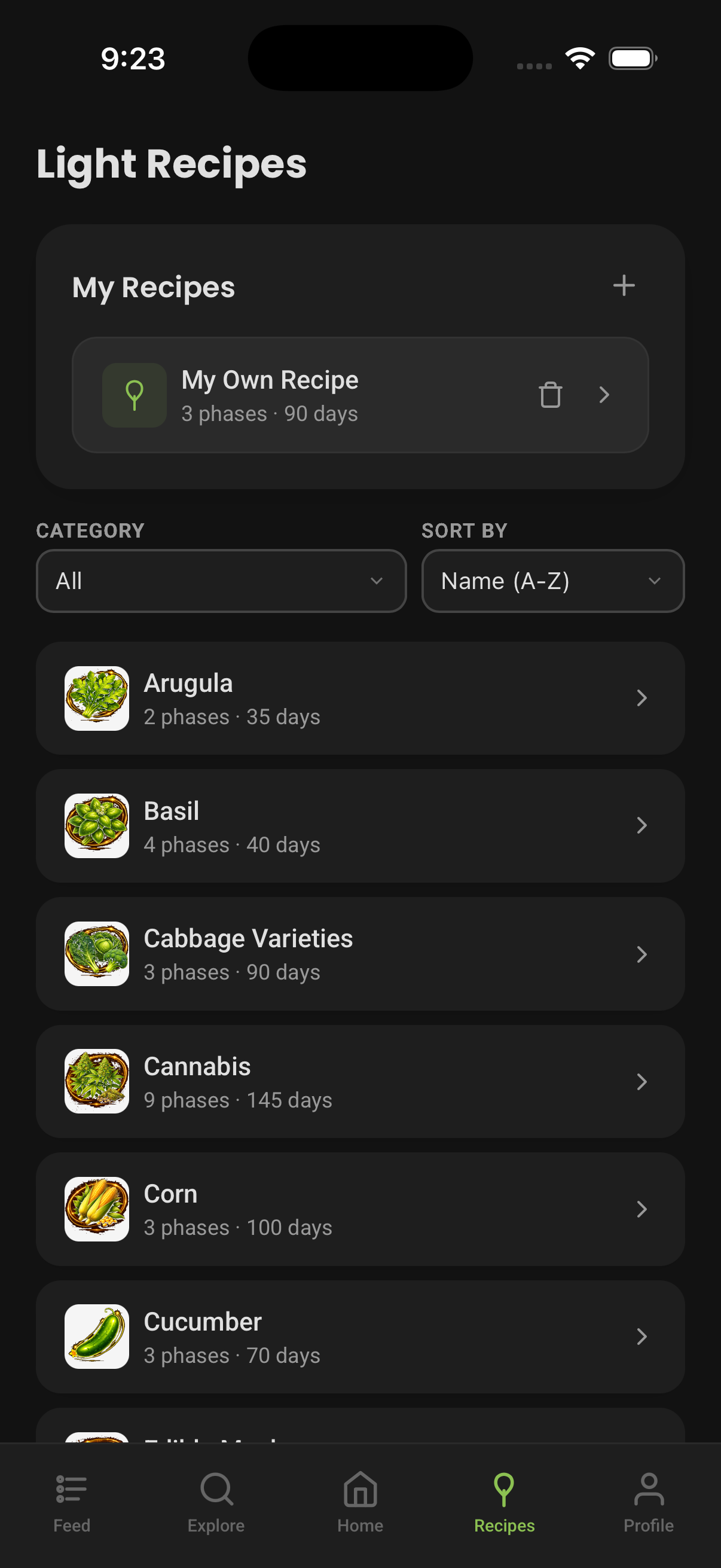 PlantaeLight app — recipe library