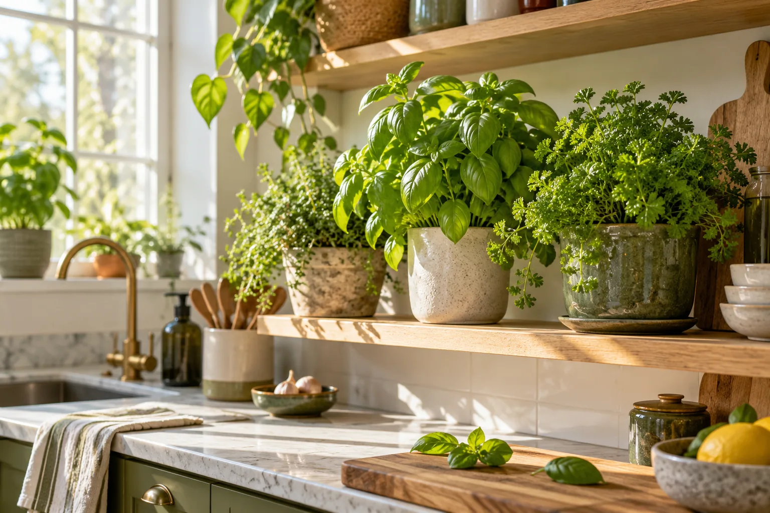 Herb pots on a kitchen shelf