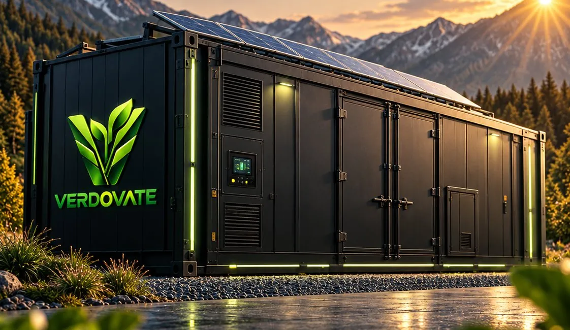 VERDOVATE container farm with solar roof in front of mountains