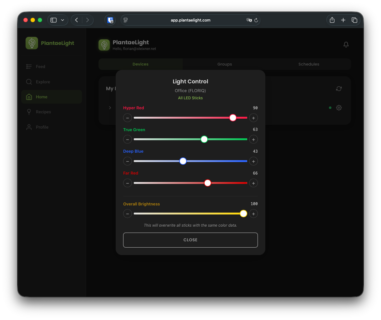 PlantaeLight web dashboard — live light control panel