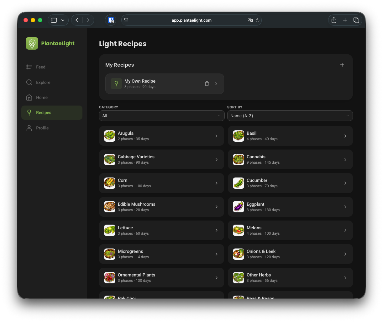 PlantaeLight web dashboard — recipe browser at app.plantaelight.com